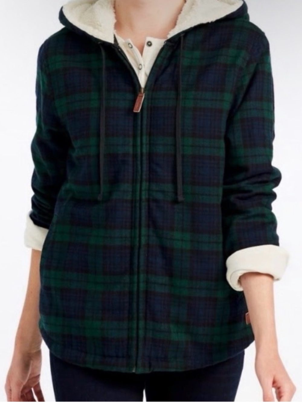 LL bean black watch Plaid Sherpa-Lined Zip Hoodie Jacket - Green/Blue medium